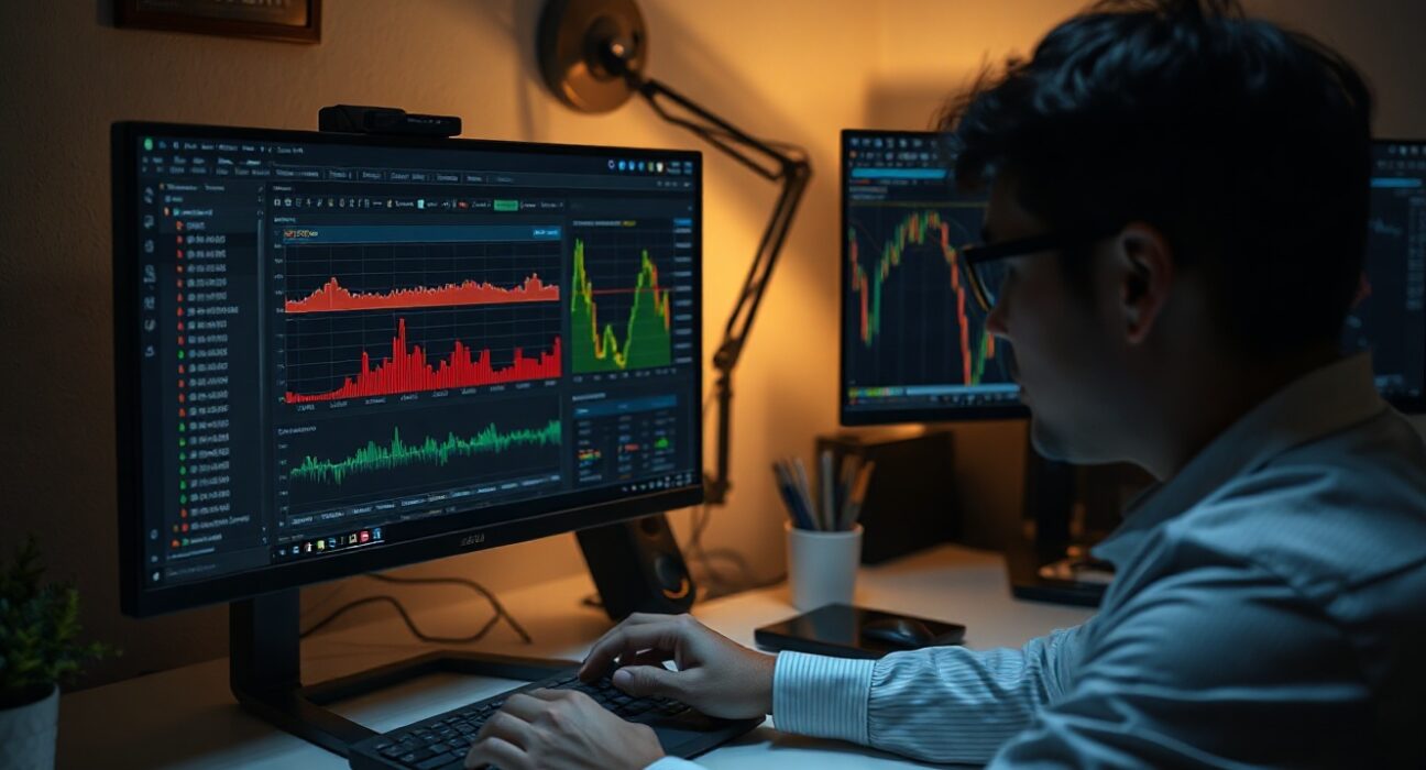 On-chain analyst examining blockchain transaction data and price charts on dual monitors in a dimly lit office