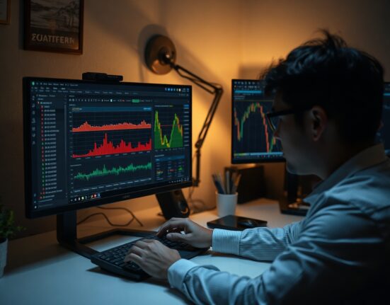 On-chain analyst examining blockchain transaction data and price charts on dual monitors in a dimly lit office