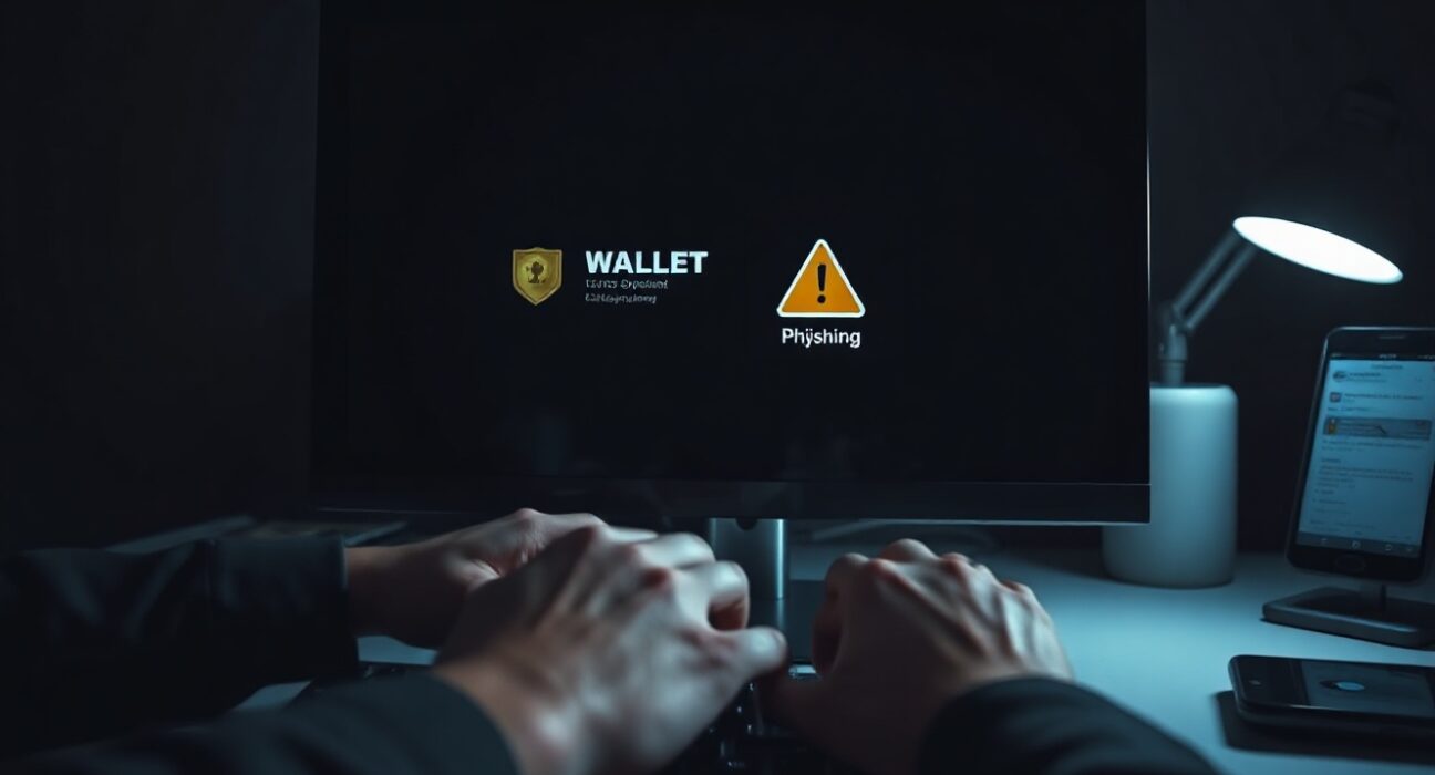 Person typing on keyboard in dark office with cryptocurrency wallet on screen