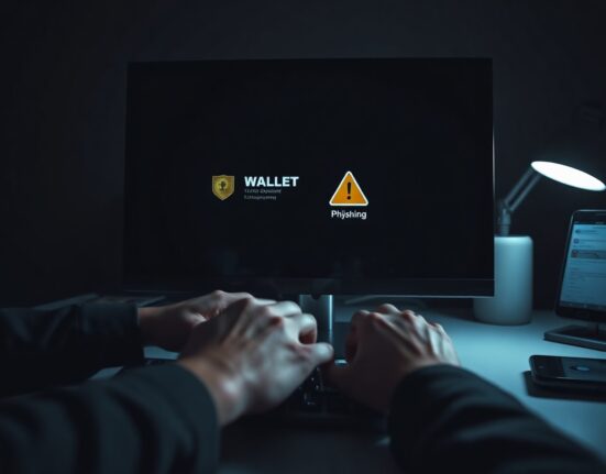 Person typing on keyboard in dark office with cryptocurrency wallet on screen
