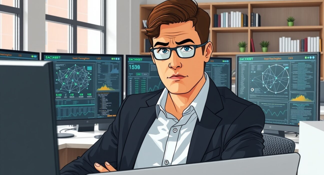 On-chain analyst ZachXBT investigating cryptocurrency transactions and blockchain data in professional office setting