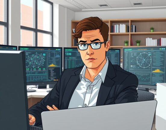 On-chain analyst ZachXBT investigating cryptocurrency transactions and blockchain data in professional office setting