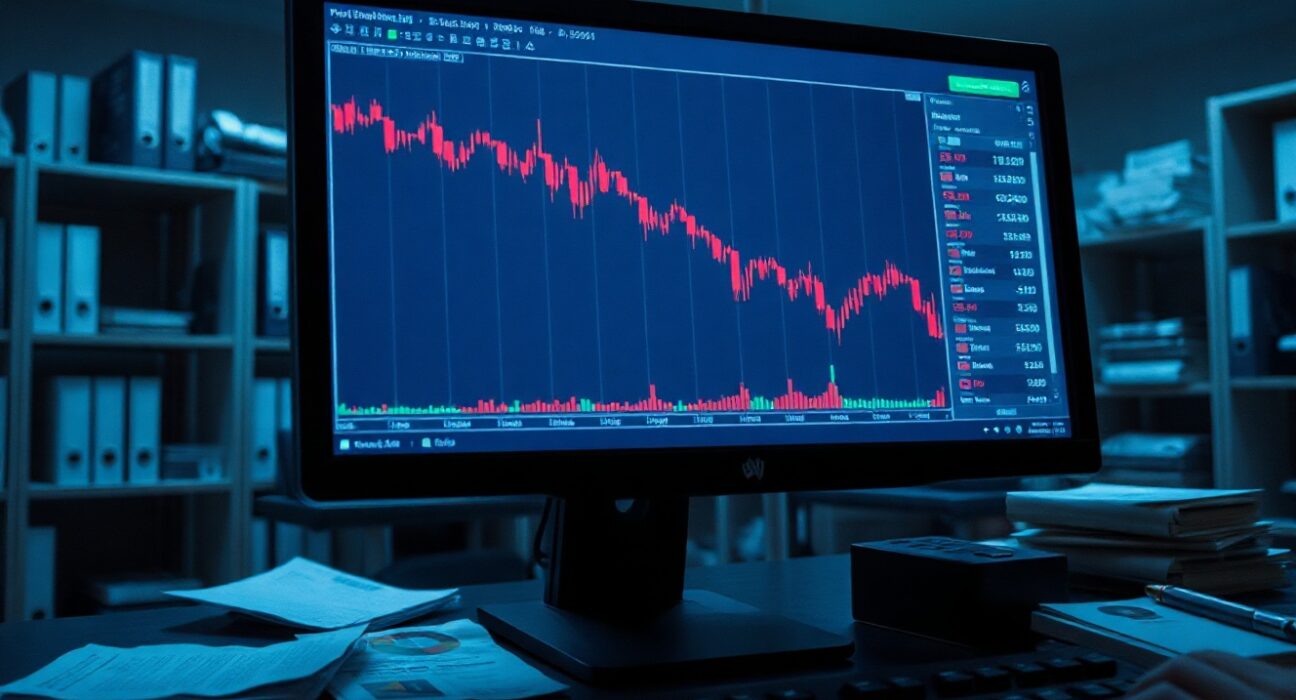 Cryptocurrency trading chart on a monitor in a dimly lit office with financial documents