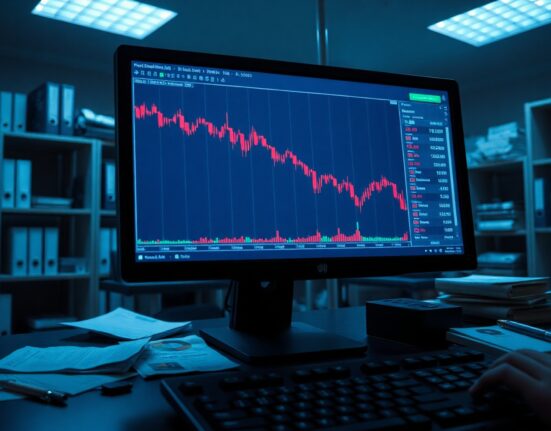 Cryptocurrency trading chart on a monitor in a dimly lit office with financial documents