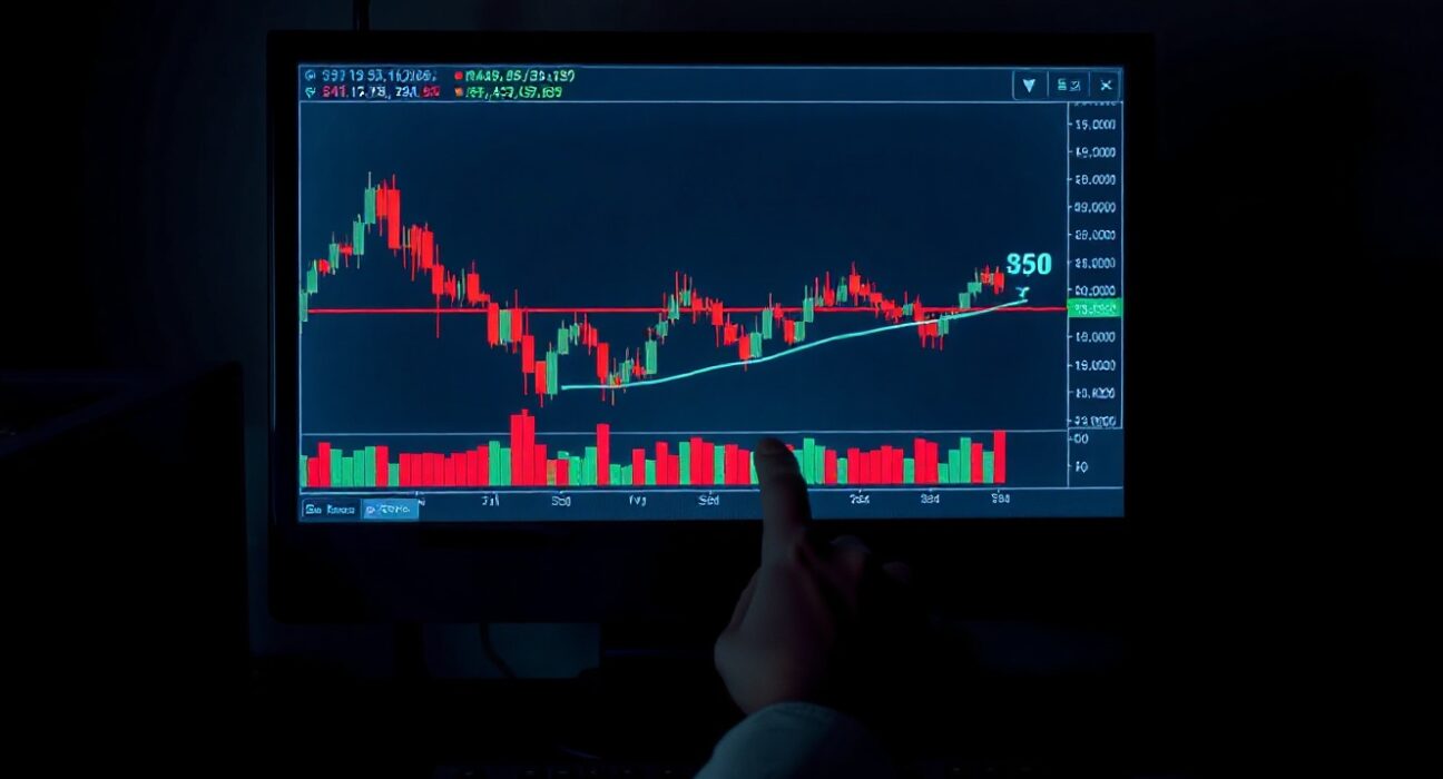 Computer monitor showing manipulated cryptocurrency trading chart with analyst pointing