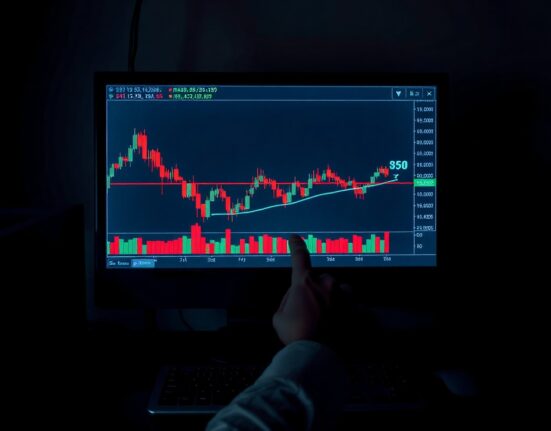 Computer monitor showing manipulated cryptocurrency trading chart with analyst pointing
