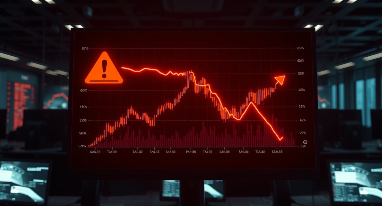 Digital chart of LAB token with warning indicators in a dark trading room