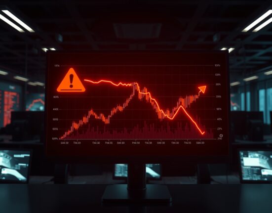 Digital chart of LAB token with warning indicators in a dark trading room