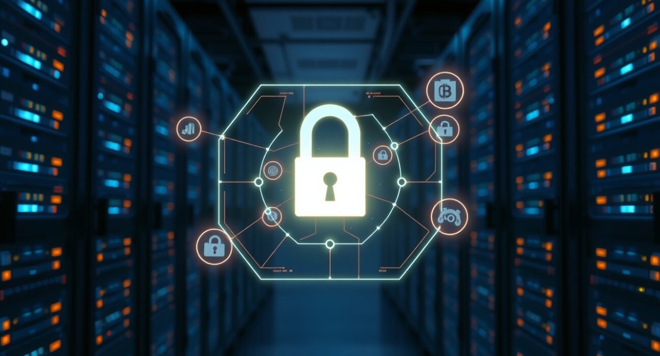 Holographic encrypted data display in a modern server room representing Zama's FHE-based token infrastructure