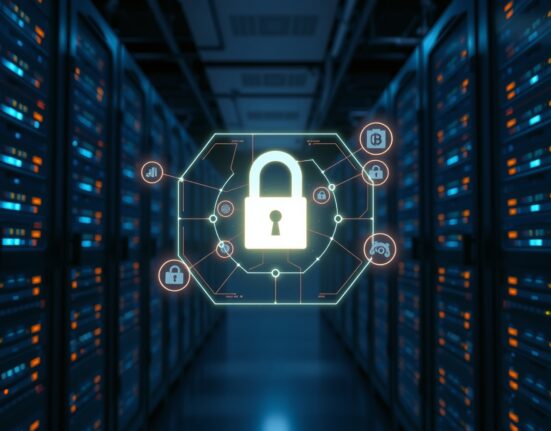 Holographic encrypted data display in a modern server room representing Zama's FHE-based token infrastructure