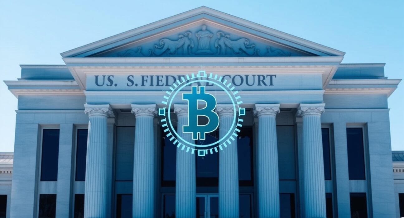 US courthouse exterior with digital blockchain and cryptocurrency elements representing the unfreezing of Zama's cUSDC assets.