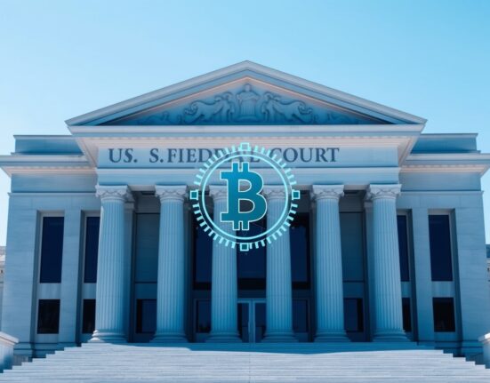 US courthouse exterior with digital blockchain and cryptocurrency elements representing the unfreezing of Zama's cUSDC assets.