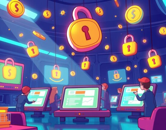 Animated illustration of the ZAMA token sale auction process with digital bids and cryptographic elements.