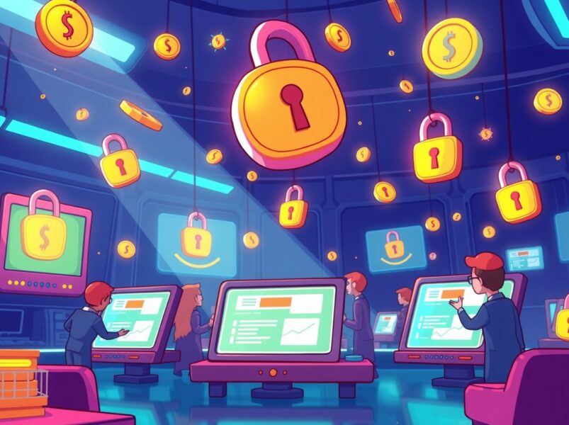 Animated illustration of the ZAMA token sale auction process with digital bids and cryptographic elements.