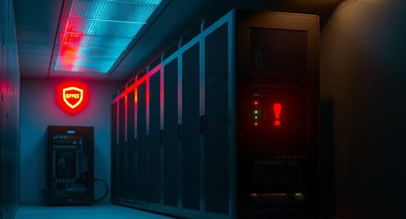 Dimly lit server room with red indicator lights symbolizing the shutdown of DeFi platform Zapper