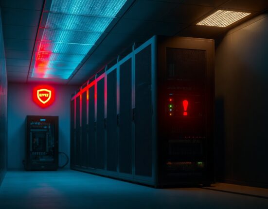 Dimly lit server room with red indicator lights symbolizing the shutdown of DeFi platform Zapper