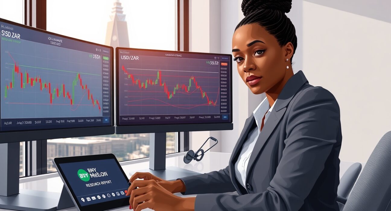 Financial analyst reviewing South African Rand currency charts with BNY Mellon research in Johannesburg office
