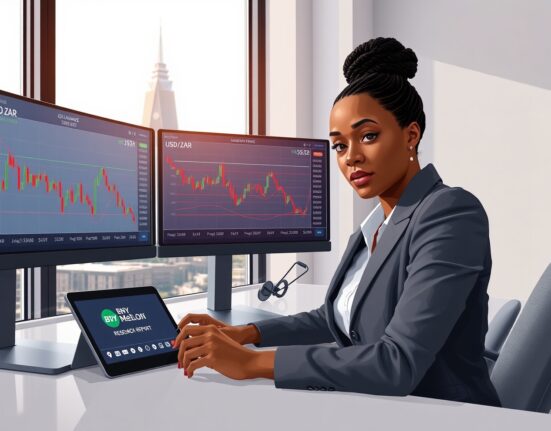 Financial analyst reviewing South African Rand currency charts with BNY Mellon research in Johannesburg office