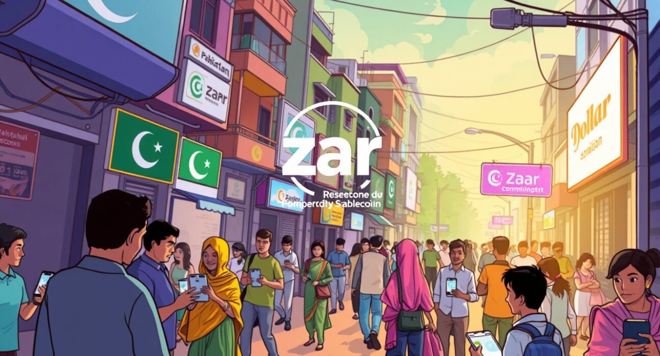 A vibrant cartoon illustration showing ZAR's impact on dollar stablecoin adoption in emerging markets, symbolizing financial empowerment.