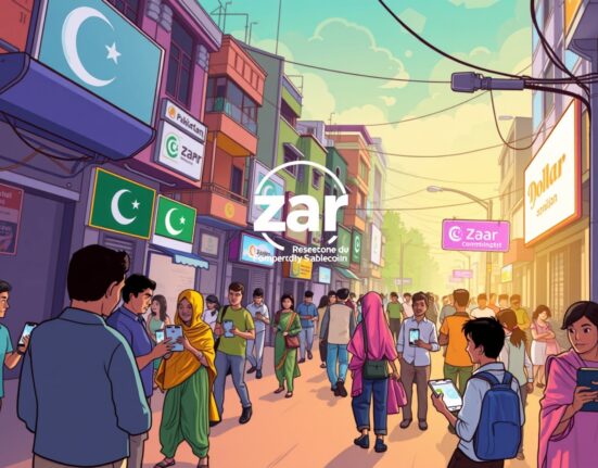 A vibrant cartoon illustration showing ZAR's impact on dollar stablecoin adoption in emerging markets, symbolizing financial empowerment.