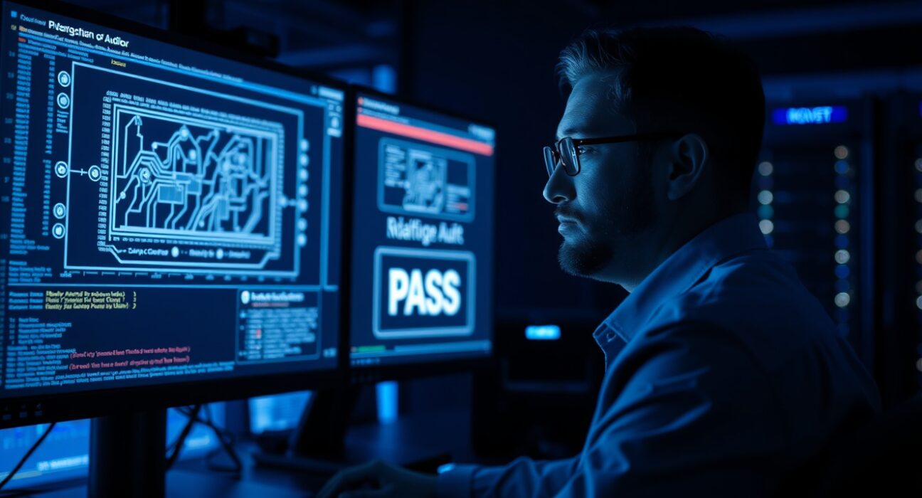 Cybersecurity auditor reviewing blockchain protocol security audit results on dual monitors in a modern SOC.