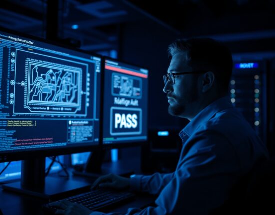 Cybersecurity auditor reviewing blockchain protocol security audit results on dual monitors in a modern SOC.