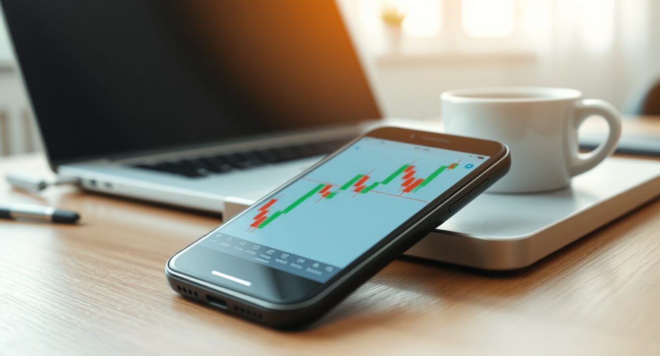 Cryptocurrency price chart on a smartphone in a professional setting