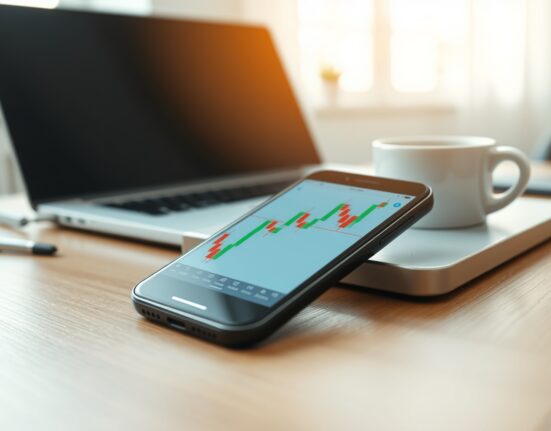 Cryptocurrency price chart on a smartphone in a professional setting