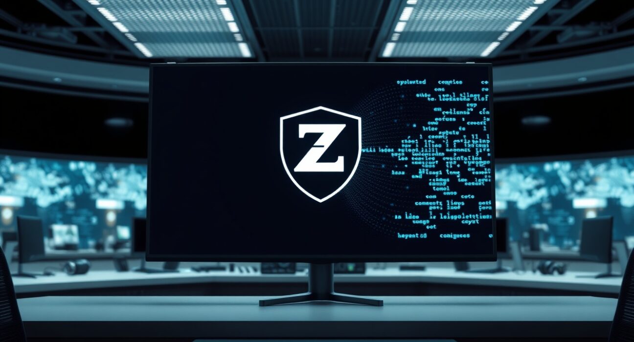 Professional newsroom screen displaying Zcash logo and blockchain code grid