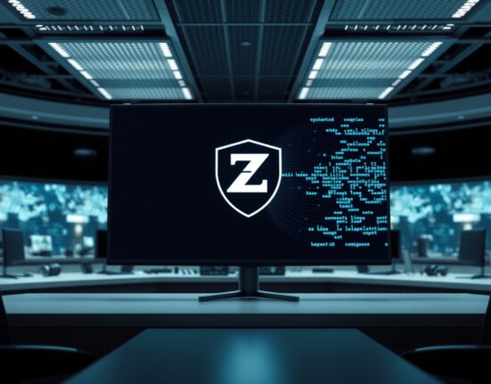 Professional newsroom screen displaying Zcash logo and blockchain code grid
