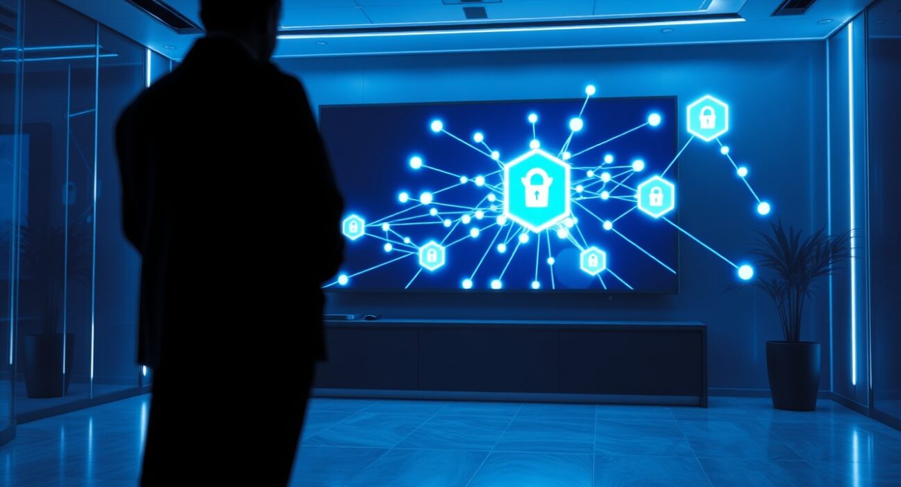 A professional news-style image of a blockchain network visualization in a modern office, representing Zcash's decentralization roadmap.