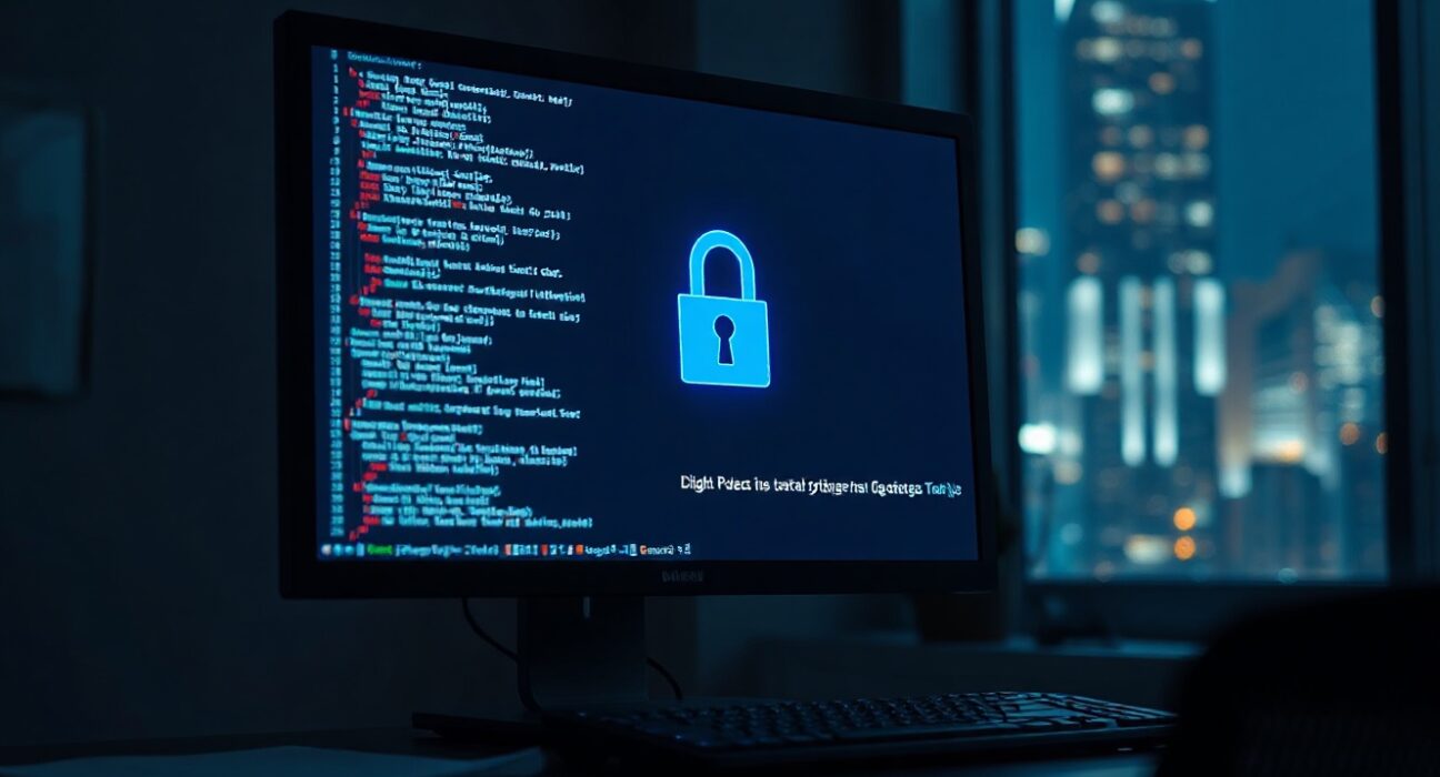 Computer monitor displaying code and a security lock icon in a dimly lit office, representing cryptocurrency security auditing.