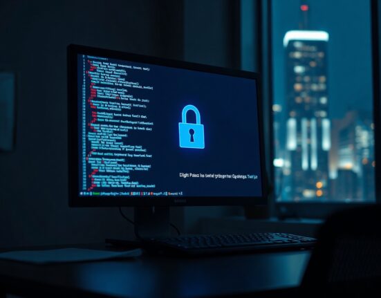 Computer monitor displaying code and a security lock icon in a dimly lit office, representing cryptocurrency security auditing.