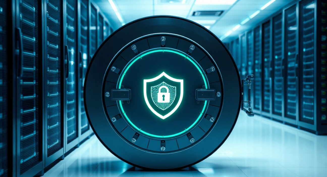 Futuristic digital vault with shielded pool symbol representing Zcash Ironwood upgrade security.