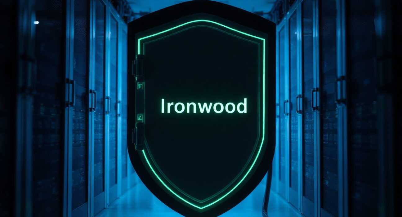 Digital shield with Ironwood inscription in a data center representing Zcash security upgrade