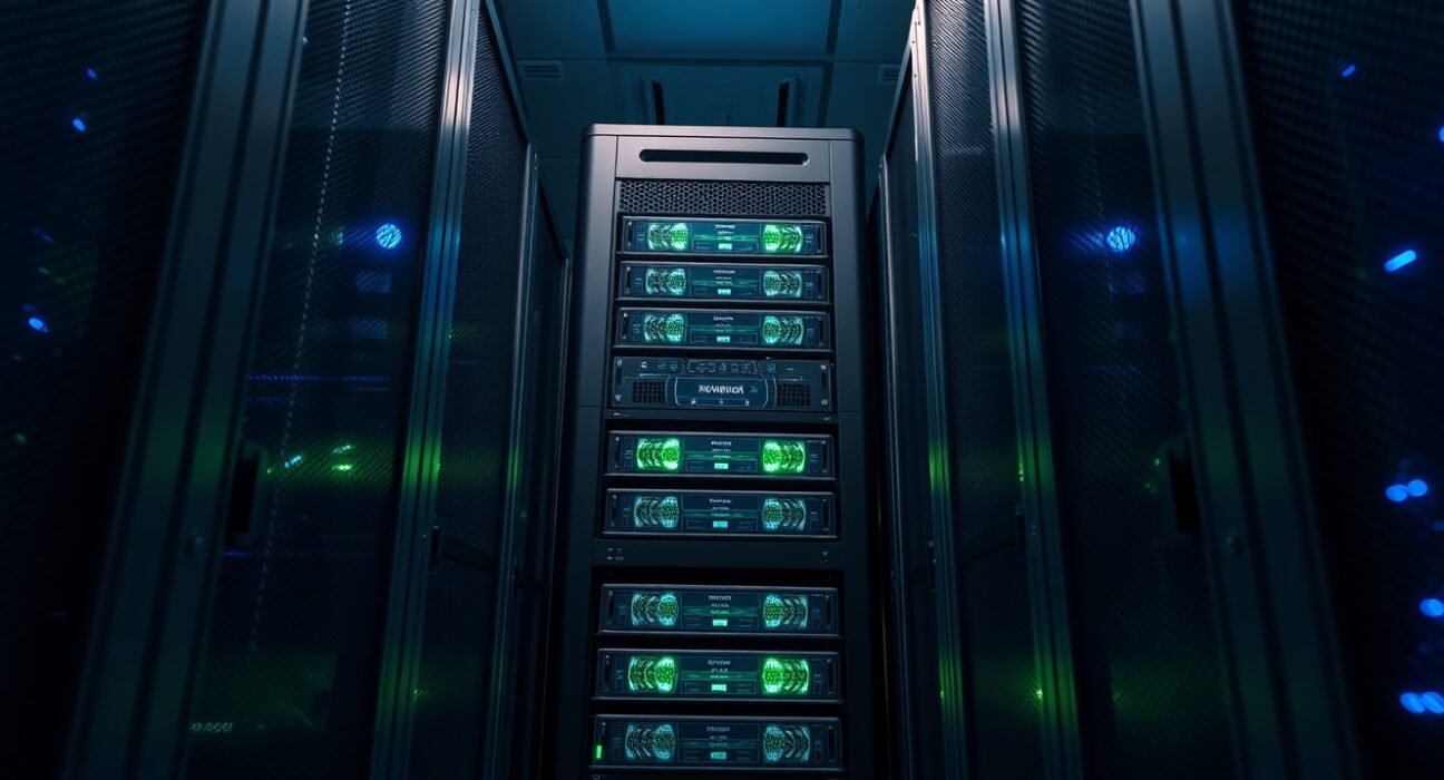 Data center server rack representing Zcash blockchain network security upgrade