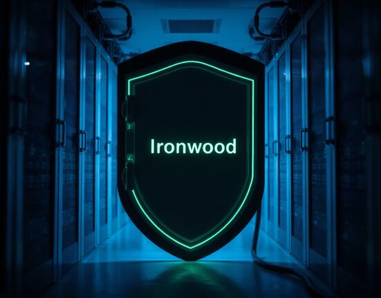Digital shield with Ironwood inscription in a data center representing Zcash security upgrade