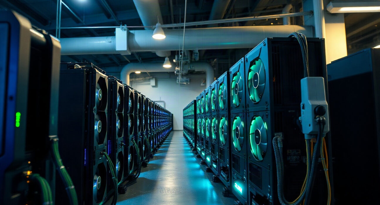 Zcash mining facility with rows of GPU miners at dusk