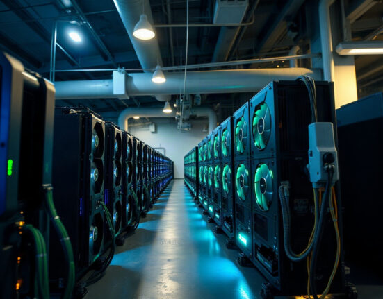Zcash mining facility with rows of GPU miners at dusk