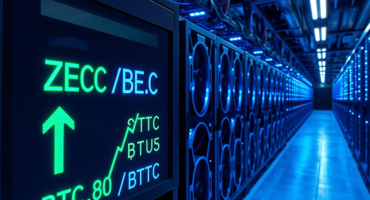 Cryptocurrency mining facility with Zcash and Bitcoin efficiency comparison display