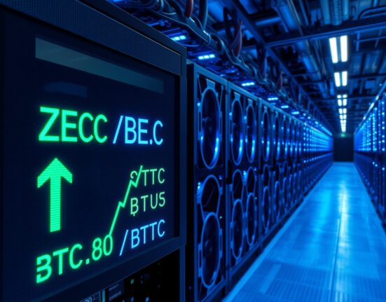 Cryptocurrency mining facility with Zcash and Bitcoin efficiency comparison display