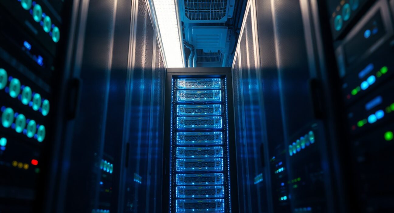 Data center servers with glowing LED lights indicating network activity and stability.