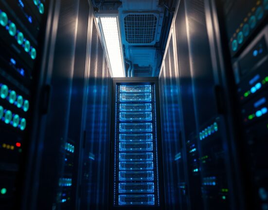 Data center servers with glowing LED lights indicating network activity and stability.