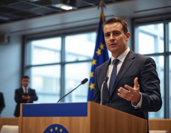 Paul Brigner, Zcash policy chief, speaking at a podium with EU flag in background