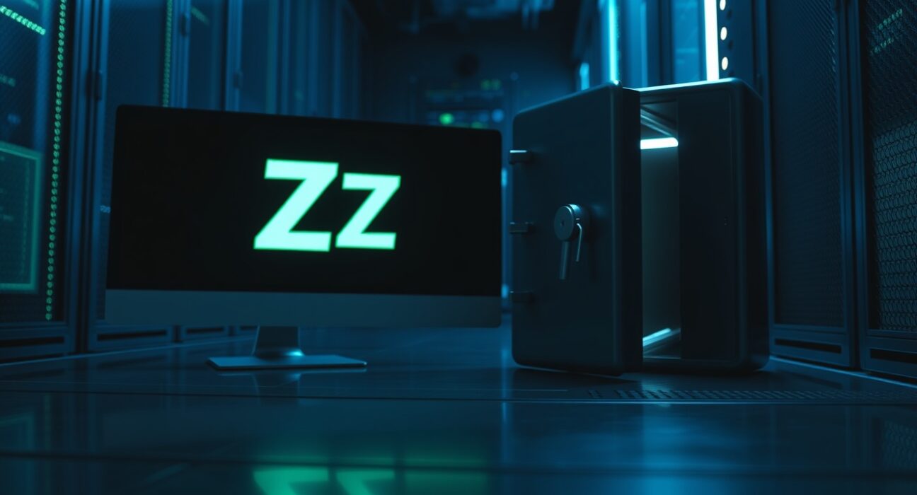 Dimly lit data center with a digital vault door slightly open and a monitor displaying a ZEC symbol, representing the Zcash Orchard vulnerability.