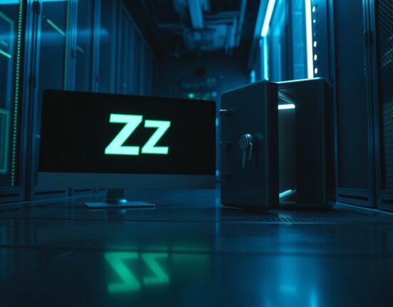 Dimly lit data center with a digital vault door slightly open and a monitor displaying a ZEC symbol, representing the Zcash Orchard vulnerability.