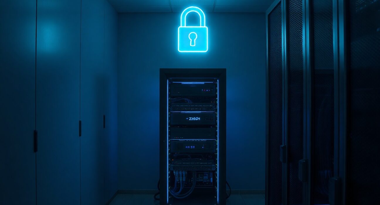 Zcash blockchain server rack with glowing security lock icon