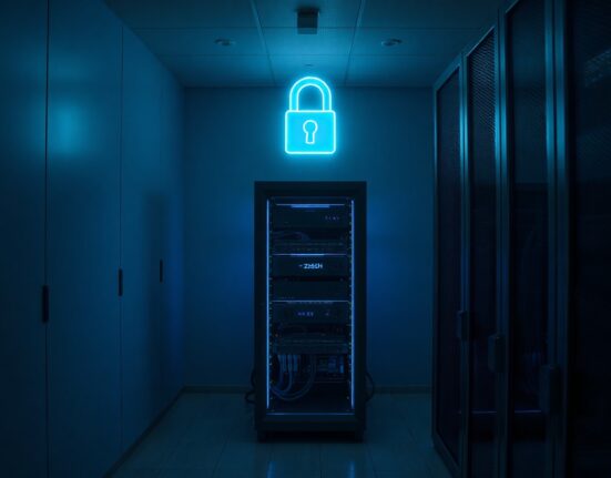 Zcash blockchain server rack with glowing security lock icon