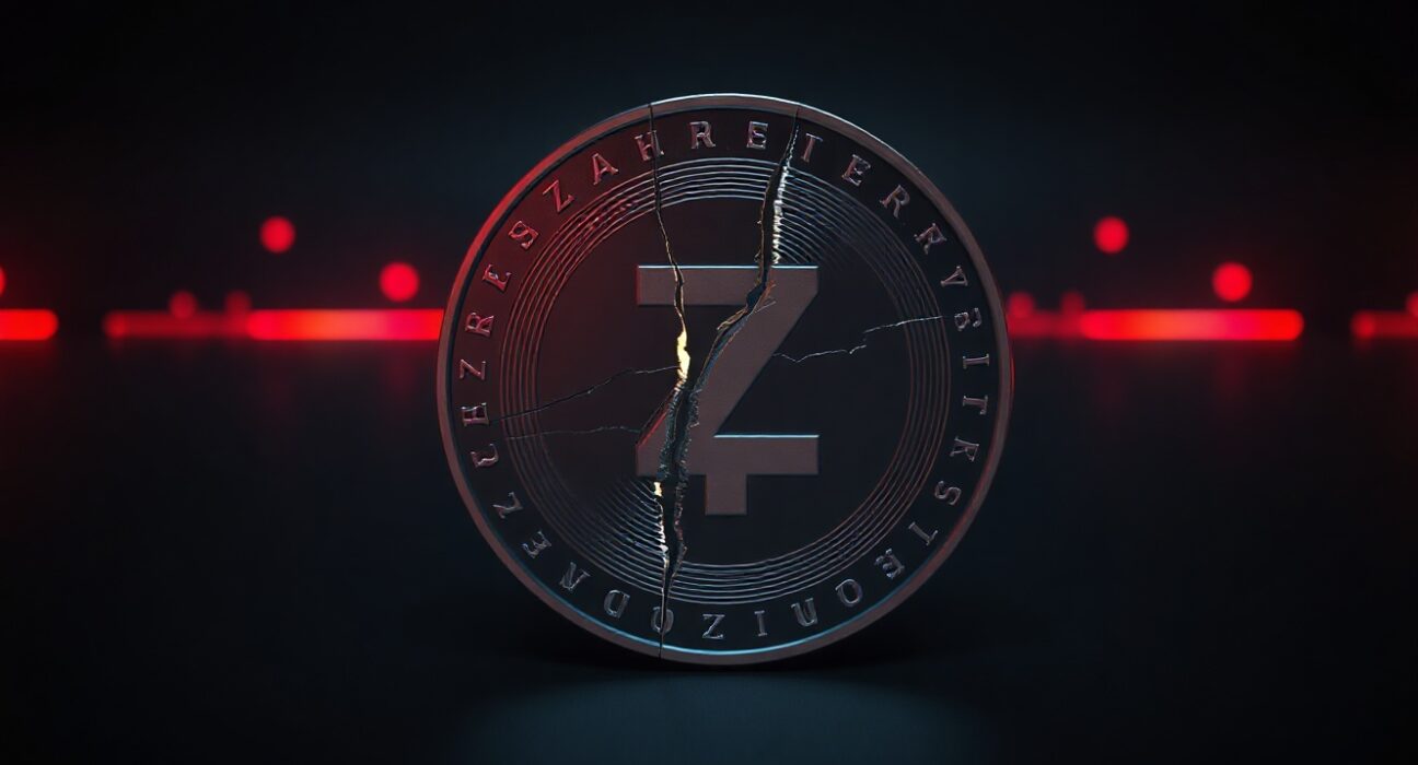 Cracked Zcash coin symbolizing the price crash and security vulnerability exploit.