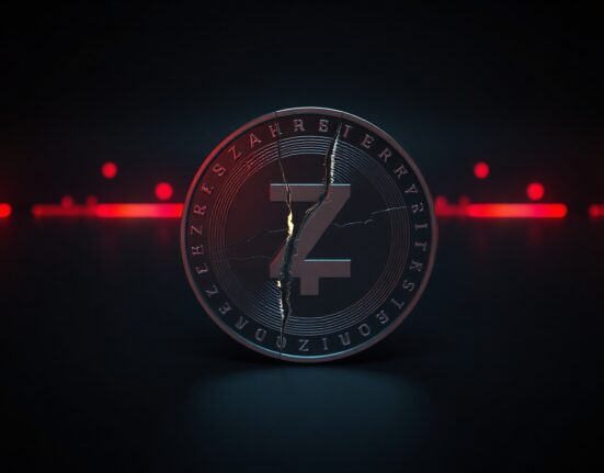 Cracked Zcash coin symbolizing the price crash and security vulnerability exploit.